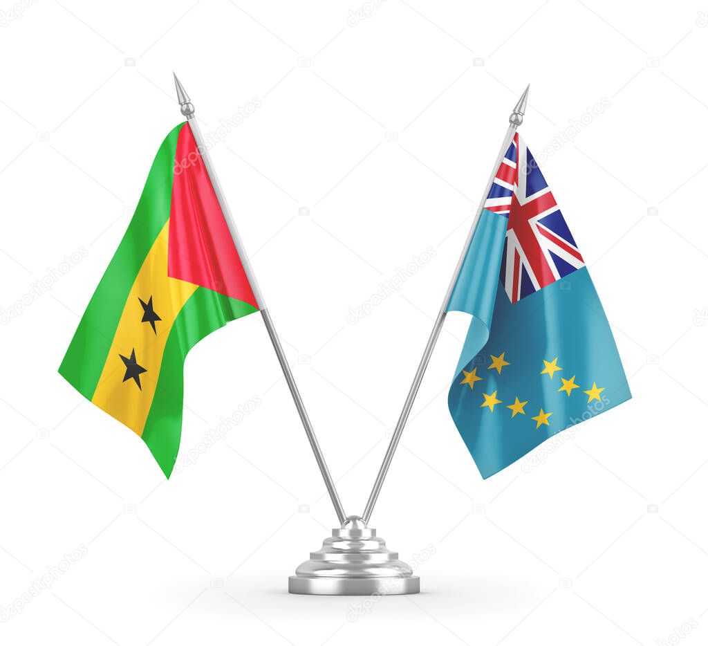 Tuvalu and Sao Tome and Principe table flags isolated on white 3D rendering