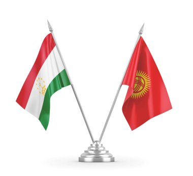 Kırgızistan ve Tacikistan masa bayrakları beyaz 3D görüntüleme üzerinde izole edildi