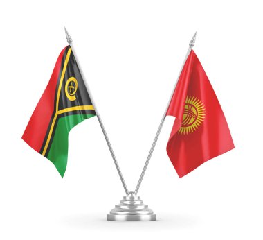 Kırgızistan ve Vanuatu masa bayrakları beyaz 3D görüntüleme üzerinde izole edildi