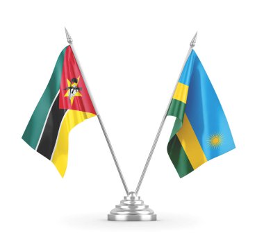 Ruanda ve Mozambik masa bayrakları beyaz 3D görüntüleme üzerinde izole
