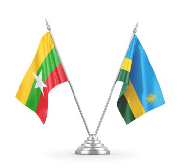 Ruanda ve Myanmar masa bayrakları beyaz 3D görüntüleme üzerinde izole