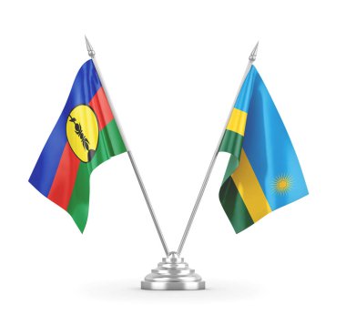 Ruanda ve Yeni Kaledonya masa bayrakları beyaz 3D görüntüleme üzerinde izole