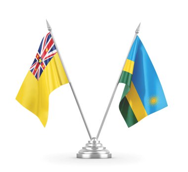 Ruanda ve Niue masa bayrakları beyaz 3D görüntüleme üzerinde izole edildi