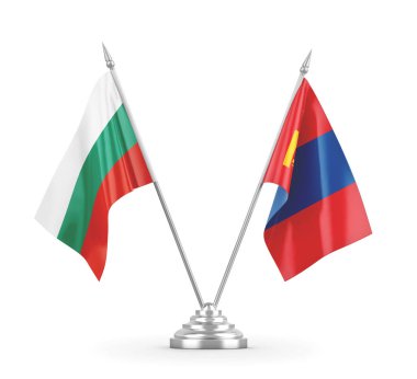 Moğolistan ve Bulgaristan masa bayrakları beyaz 3D rendelemede izole edildi 