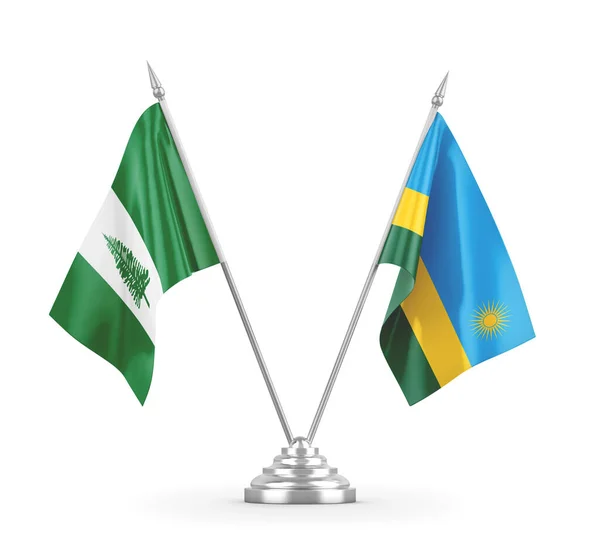 Banderas de mesa de Ruanda y Norfolk Island aisladas en renderizado 3D blanco — Foto de Stock