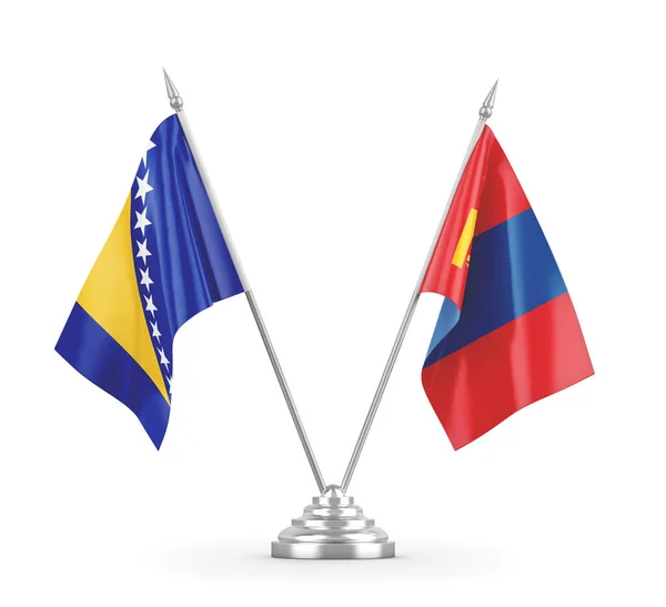 Mongoliet och Bosnien och Hercegovina bordsflaggor isolerade på vit 3D-rendering — Stockfoto