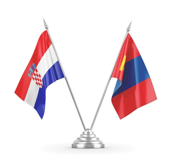 Banderas de mesa Mongolia y Croacia aisladas en renderizado 3D blanco — Foto de Stock