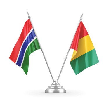 Gine ve Gambiya masa bayrakları beyaz 3D görüntüleme üzerinde izole edildi