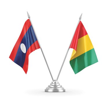 Gine ve Laos masa bayrakları beyaz 3D görüntüleme üzerinde izole edildi.