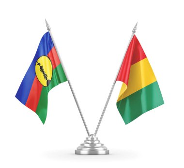 Gine ve Yeni Kaledonya masa bayrakları beyaz 3D görüntüleme üzerinde izole