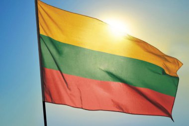 Litvanya bayrağı güneşin önünde rüzgarda dalgalanıyor.