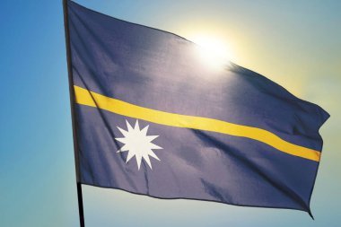 Nauru bayrağı güneşin önünde rüzgarda dalgalanıyor.