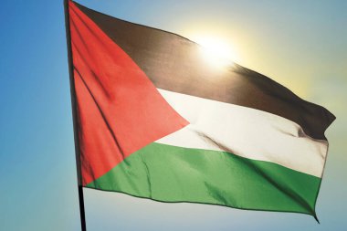 Filistin bayrağı güneşin önünde rüzgarda dalgalanıyor