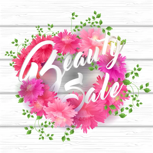 Skönhet försäljning bokstäver med blommande blommor och blad — Stock vektor