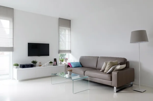 Weißes Wohnzimmer mit taupe Sofa — Stockfoto