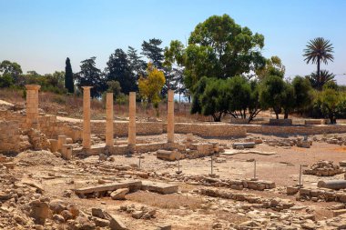 Kıbrıs, Limasol 'da sütunları olan antik kalıntılar. Turizm, seyahat.
