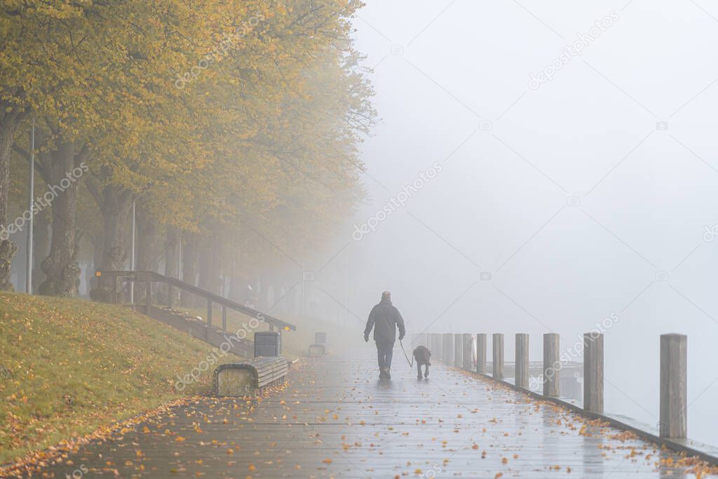 Foggy morning on the lake with wooden pier and walking person