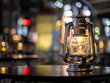 Ahşap masada modern LED ampulü olan klasik metal lamba..