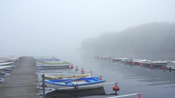 Panning uitzicht op de ochtend mistige pier op het meer met houten boten — Stockvideo