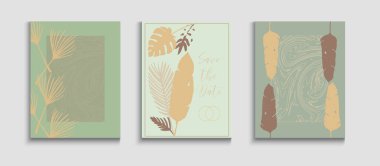 Soyut Hipster Vektör Sancakları Ayarlandı. Geometrik Sınır Deseni. Oriental Style Davetiyesi. Tie-Dye, Tropikal Yaprak Posterleri. Minimal Zeytin Yaprakları Dergisi Şablonu. El Çizimi Retro Arkaplanı.