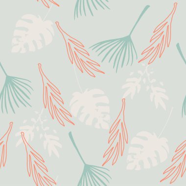 Modern Tropikal Vektör Kusursuz Düzen. Zarif Erkek Gömlekli Kadın Elbisesi dokusu. Monstera Feather Tüylü Karahindiba Muzu Tropikal Kusursuz Şekil Bırakıyor. Doodle Çiçek Geçmişi. Şık Yaz Kumaşları.