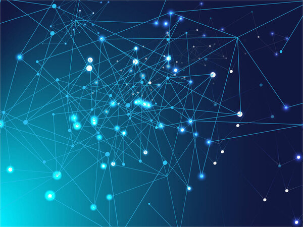 Galaxy Net Science Design, Universe Star Sky. Фон вектора узлов плексуса. Большая информация, треугольные узлы блокчейна. Голубое технологическое пространство, интернет-пространство данных.