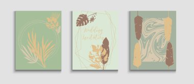 Soyut Moda Vektör Uçucuları Ayarlandı. Tie-Dye, Tropikal Yapraklar Örtüsü. El Çekimi Geçmişi. Minimal Monstera Leaves Dergisi Tasarımı. Oriental Style Davetiyesi. Geometrik Çerçeve Dokusu.