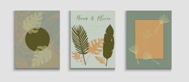 Soyut Moda Vektör Posterleri Ayarlandı. Tie-Dye, Tropikal Yaprak Uçurucular. Japon stili davetiye. El Çizimi Hippi Geçmişi. Geometrik çerçeve dokusu. Soylu Zeytin Yaprakları Dergisi Düzeni.