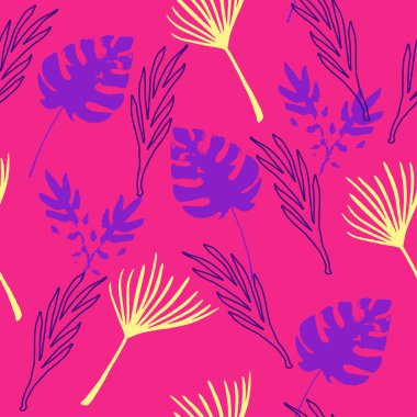 Trend Tropikal Vektör Kusursuz Düzen. Zarif Erkek Gömlekli Kadın Elbisesi dokusu. Serin Yaz Kumaşları. Boyalı Çiçek Arkaplanı. Monstera Muz Tüyleri Karahindiba Yaprakları Tropikal Kusursuz Desen.