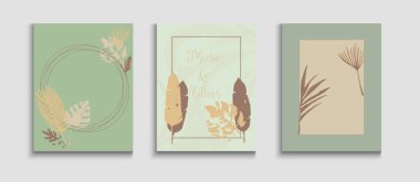 Soyut Asya Vektör Kartları Ayarlandı. Geometrik Çerçeve Deseni. El Çizimi Zarif Arkaplan. Japon stili davetiye. Cool Olive Leaves Davetiye Tasarımı. Tie-Dye, Tropikal Yaprak Sancakları.