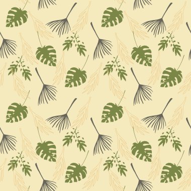 Hipster Tropikal Vektör Kusursuz Düzen. Zarif Erkek Gömlekli Kadın Elbisesi dokusu. Doodle Çiçek Geçmişi. Tüylü Karahindiba Muz Tropikal Tertemiz Yapraklar. Serin Yaz Moda.