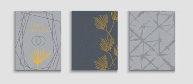 Soyut Moda Vektör Kapakları Ayarlandı. Geometrik Kenar Dokusu. Oriental Style Davetiyesi. Tie-Dye, Tropikal Yaprak Sancakları. Minimal Muz Yaprakları Dergisi Tasarımı. El Çizimi Zarif Arkaplan.