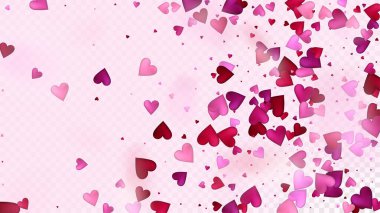 Kırmızı, Pembe Kalpli Vektör Konfeti. Sevgililer Günü Düğün Şablonu. Modern Hediye Kartı, Poster Arkaplan Sevgililer Günü Dekorasyonu ve Düşen Kalpler Konfeti. Güzel Pembe Parıltılar