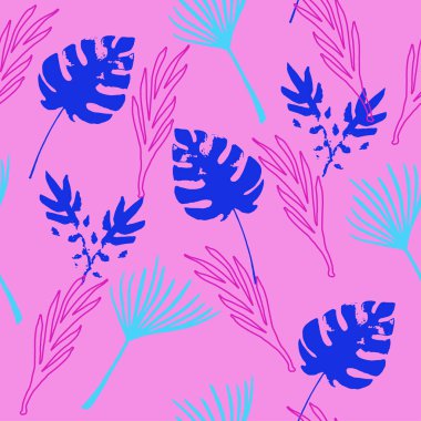 Süper Tropikal Vektör Kusursuz Düzen. Serin Yaz Kumaşları. Güzel Erkek Gömlekli Kadın Elbisesi dokusu. Tüylü Muz Yaprakları Canavarımsı Karahindiba Tropikal Kusursuz Desen. Boyalı Çiçek Arkaplanı.