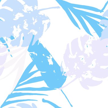 Palmiye, Muz Yaprakları Vektörsüz Şablon, Mavi Mor İndigo Çiçek Tekstili. Dişli Orman Yaprakları Yaz Kumaşı. Kadın Moda Arkaplanı. Egzotik Çiçeksiz Tasarım