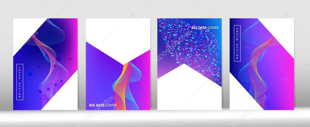 Modern Covers Set. Big Data Tech Neon Background. 3D Liquid Shapes Music Cover Layout. Funky Computing Music Magazine Pink Blue Purple Punk Vector Cover Template. Geometric Gradient Overlay.