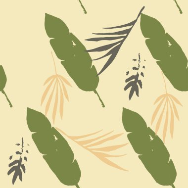 Trend Tropikal Vektör Kusursuz Düzen. Güzel Erkek Gömlekli Kadın Elbisesi dokusu. Doodle Çiçek Geçmişi. Serin Yaz Kumaşları. Monstera Muz Tüyleri Karahindiba Yaprakları Tropikal Kusursuz Desen.