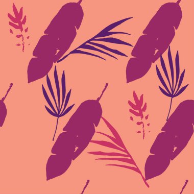 Süper Tropikal Vektör Kusursuz Düzen. Zarif Erkek Gömlekli Kadın Elbisesi dokusu. Muz Yaprakları Karahindiba Tüyü Canavarı Tropikal Kusursuz Desen. Cool Summer Fashion. Boyalı Çiçek Arkaplanı.