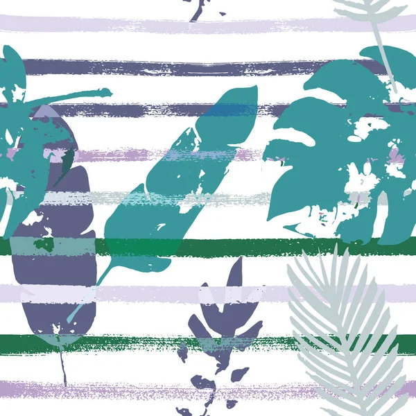 水手条纹矢量无缝图案 褐色绿色卡其花异型印刷 凉爽的别致的丛林树叶夏季面料 孩子们优雅的背景 热带织物无缝印刷 — 图库矢量图片
