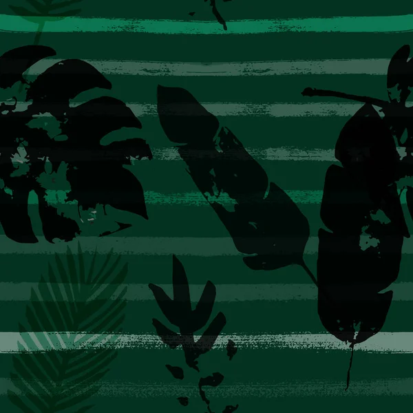 水手条纹矢量无缝图案 褐色绿色卡其花异型印刷 手绘丛林树叶夏季面料 儿童的潮流背景 异型热带无缝面料 — 图库矢量图片