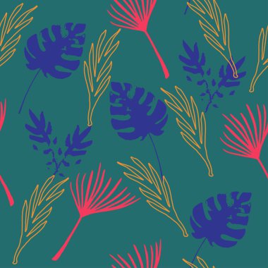 Süper Tropikal Vektör Kusursuz Düzen. Monstera Karahindiba Muz Tüysüz Tropikal Şablon Yaprakları. Boyalı Çiçek Arkaplanı. Şık Yaz Kumaşları. Güzel Erkek Gömlekli Kadın Elbisesi.