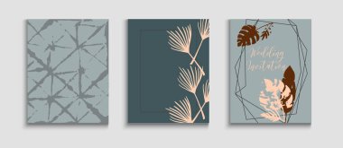 Soyut Vintage Vector kartları ayarlandı. Geometrik Kenar Dokusu. Tie-Dye, Tropikal Yaprak Uçurucular. Cool Olive Davetiye Şablonu 'nu Bırakıyor. El Çizimi Hippi Geçmişi. Japon Biçimli Davet.