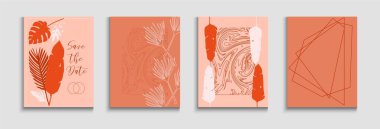 Soyut Asya Vektör Kapakları Ayarlandı. Oriental Style ile Boyalı Şekiller. Tie-Dye, Tropikal Yaprak Sancakları El Çizimi Minimum Arkaplan. Yumuşak, Zarif Davet Tasarımı. Geometrik Çerçeve Dokusu.