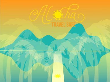 Aloha Seyahat Güvenliği Tropik Sancak Şirin Palmiye Ağaçları, Deniz Turizmi Vintage Posteri. Aloha Covid hatırası. Tropikal Ada 'da gün batımı ya da gün doğumu. Covid 'den sonra seyahat et. nCov Bayrağından sonra Kenarlıkları Aç.