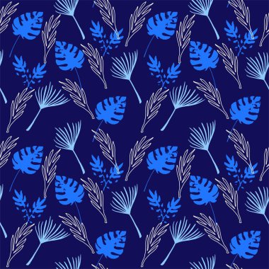 Trend Tropikal Vektör Kusursuz Düzen. Zarif Erkek Gömlekli Kadın Elbisesi dokusu. Doodle Çiçek Geçmişi. Şık Yaz Kumaşları. Muz Yaprakları Tüylü Canavar Karahindiba Tropikal Kusursuz Desen.