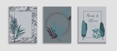 Soyut Zarif Vektör Posterleri Ayarlandı. Minimum Muz Yaprakları Dergisi Düzeni. Tie-Dye, Tropikal Yapraklar Örtüsü. Japon stili davetiye. El yapımı Asya geçmişi. Geometrik Kenarlık Dokusu.