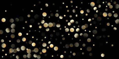 Siyah üzerine Altın Konfeti Duşu. Zengin Altın, Gümüş Folyo Kış Konfeti. Altın halkalar, Düşen Noel Bokeh 'i. Parlak Yeni Yıl Kutlama Dekorasyonu. Altın halkalar, Noel Bokeh 'i