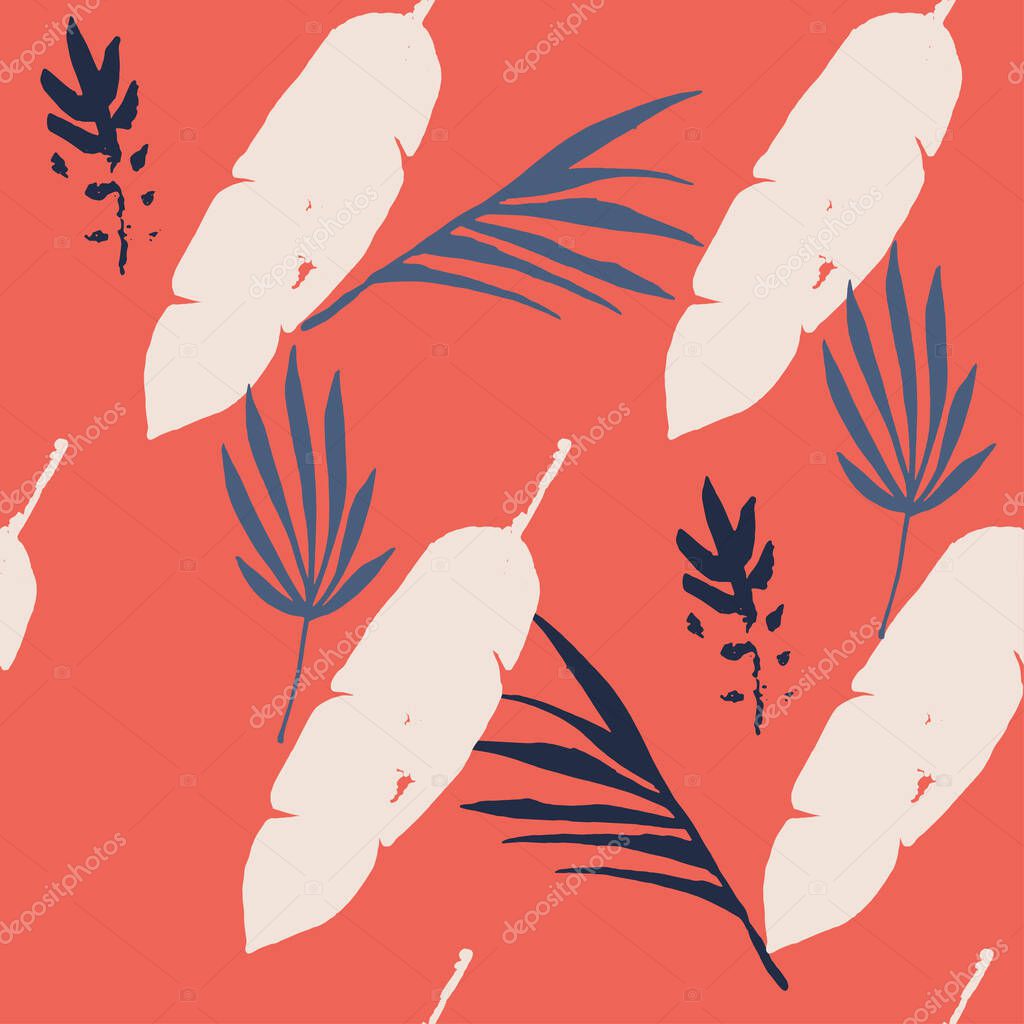 Hipster Tropical Vector Seamless Pattern. Doodle Floral Background. Dandelion Feather Monstera Banana Leaves Tropical Seamless Pattern. Elegant Male Shirt Female Dress Texture. Nice Summer Textile.