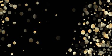 Siyah üzerine Altın Konfeti Duşu. Göz kamaştırıcı yeni yıl kutlaması dokusu. Zengin Altın, Gümüş Bokeh Kış Konfeti. Altın halkalar, Düşen Noel Bokeh 'i. Altın halkalar, Noel Bokeh 'i