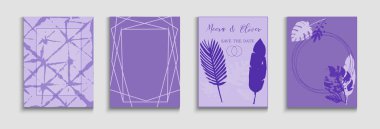 Soyut Vintage Vektör Posterleri Ayarlandı. Tie-Dye, Tropikal Yaprak Kartları. Yumuşak Zeytin Davetiye Şablonunu Bırakır. Japon stili davetiye. El Çizimi Moda Arkaplanı. Geometrik Çerçeve Deseni.